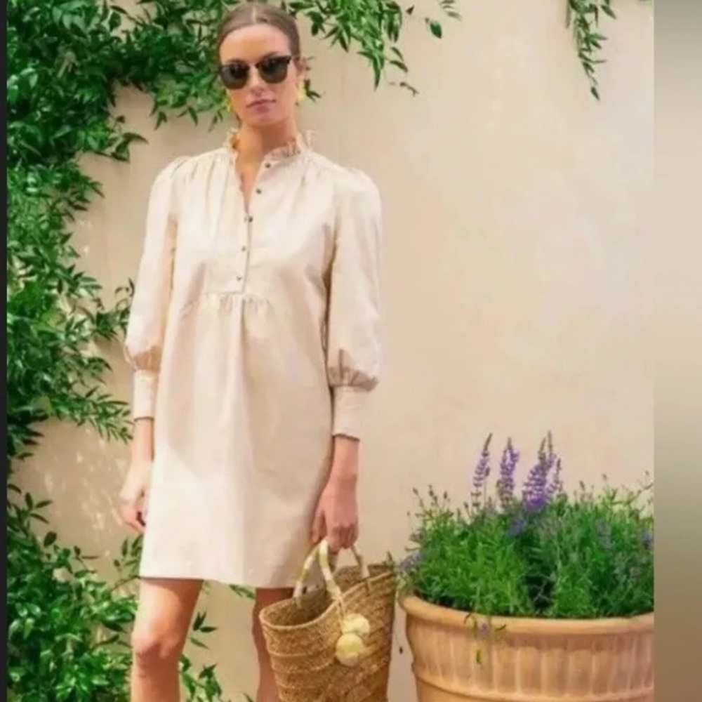 Pomander Place Claiborne Dress Khaki Cream Button Front Puff Sleeve Shift Dress